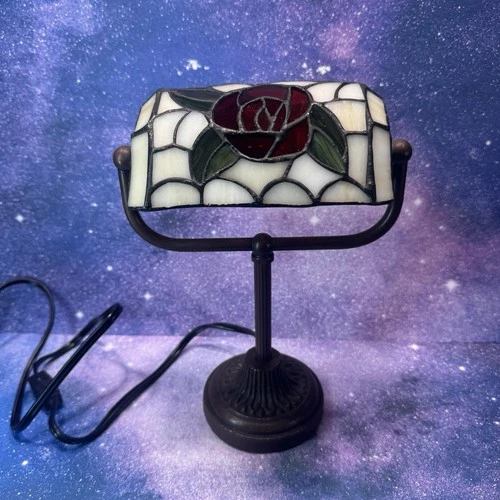 Vintage Tiffany Style Bankers Desk Lamp Stained Glass Rose Design