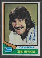 Autographed 74/75 Topps Dennis Ververgaert - Canucks