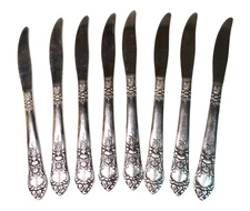 National Stainless Rose & Leaf Pattern Flatware Japan 9" Dinner Knives Set of 8