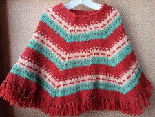 Vtg 1970s Young Girls EUC Rust Green Tan Fringe Poncho Handmade Knit Crochet