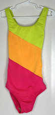 Lands' End Girls 7 Colorblock Swimsuit Pink Orange Lime GUC Tank style