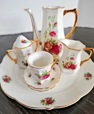 VTG 8 pc Porcelain Miniature Tea Coffee Playset Floral Rose Gold Decorative Set