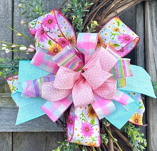 Spring Summer Bow Swag Floral Decor Lantern Mailbox Wreath Door 22" - Picture 3 of 7