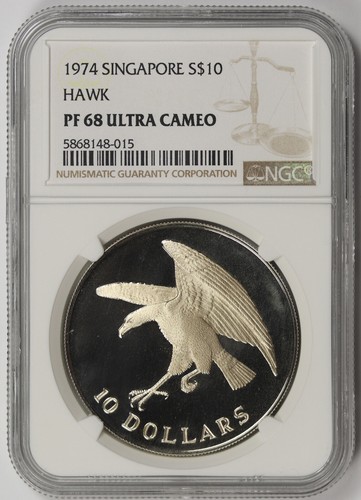 1974 Singapore Hawk Silver $10 Proof PF 68 Ultra Cameo NGC