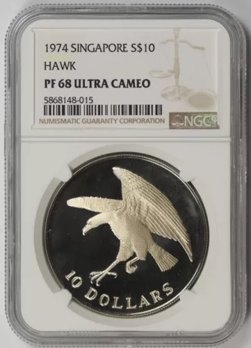 1974 Singapore Hawk Silver $10 Proof PF 68 Ultra Cameo NGC