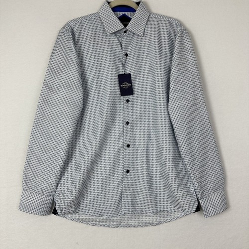 Silver Stone Men Shirt Button Up Flip Sleeve Geometric Off White Blue Size L NWT - Picture 4 of 17
