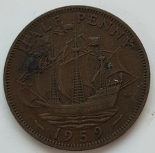 Old Coin 1959 British Ship Design Halfpenny