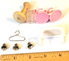DOLLHOUSE MISC. LOT: 3 bells, clothes hanger, stool, vase, 2 doll stands, "lamp" — photo 2