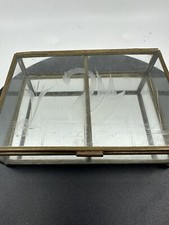 Vtg Brass Glass Display Trinket Jewelry Box Floral Bird Etched Mirrored Footed
