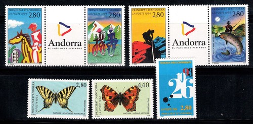 Andorra Französisch 1994 Yv. 447-453 Neu ** 100% Tourismus, Sport, Schmetterlinge