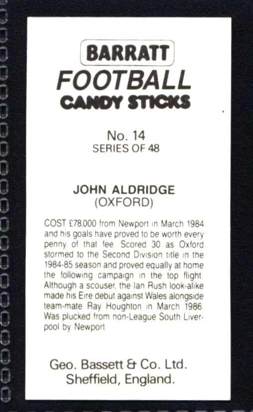 Bassett/Barratt Football (1986-87) John Aldridge (Oxford United) No. 14 - Image 2 of 2