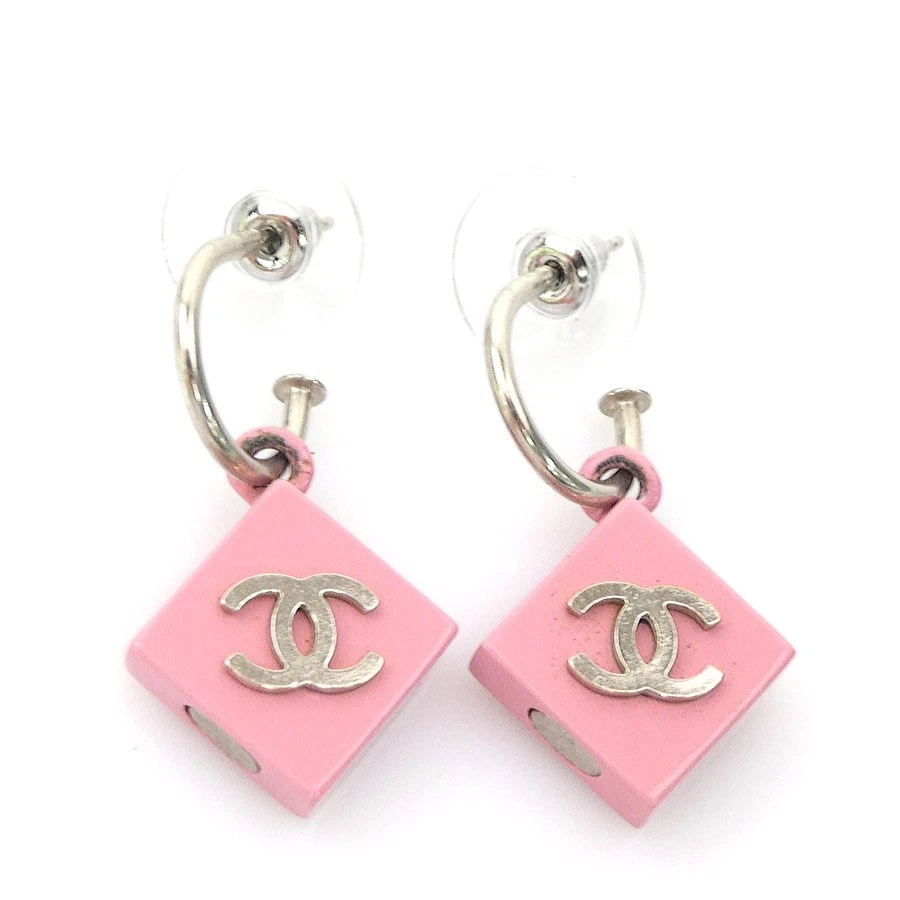 Echte CHANEL CC Logo Pierce Ohrringe Silber/Rosa Metall/Emaille - e60770 g