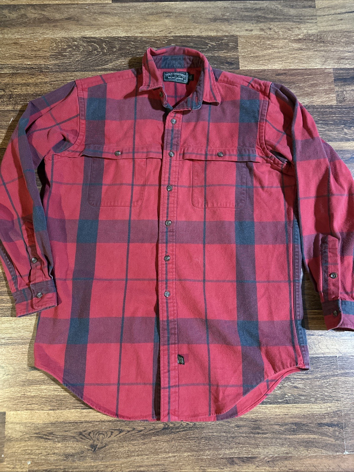 Vintage Polo Country Ralph Lauren Shirt Mens Medium Red Plaid Flannel Pockets
