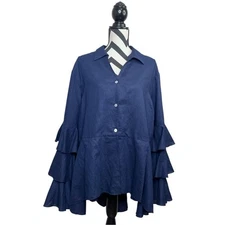 Ella Belle 100% Linen Navy Blue Sz 1X Ruffle Sleeve Button Front Tunic Top