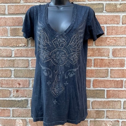 Dark Faded Affliction Medium Cross Embellished Tee Rhinestone Studded Wings
