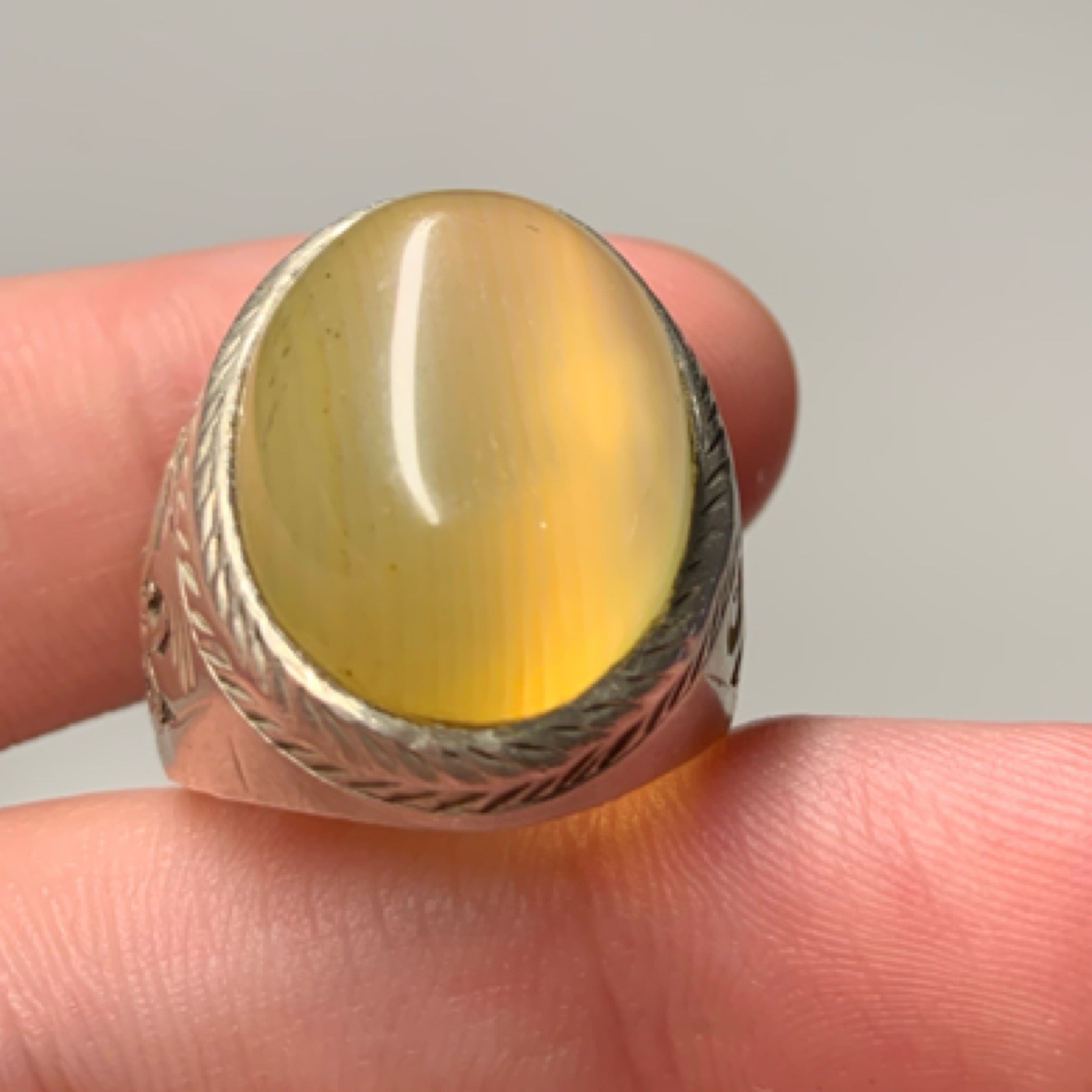 Vintage Solid Silver Ring Unique Luminous Yellow … - image 2
