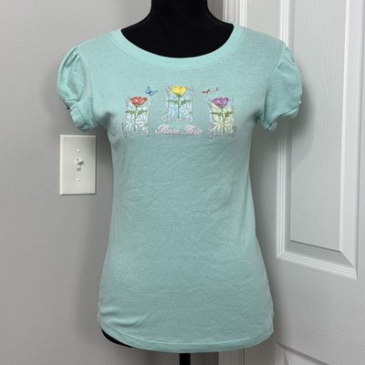 Y2K Baby Tee Womens S Blue Floral Butterfly Puff Cap Sleeve Fairy Cottage Whimsy