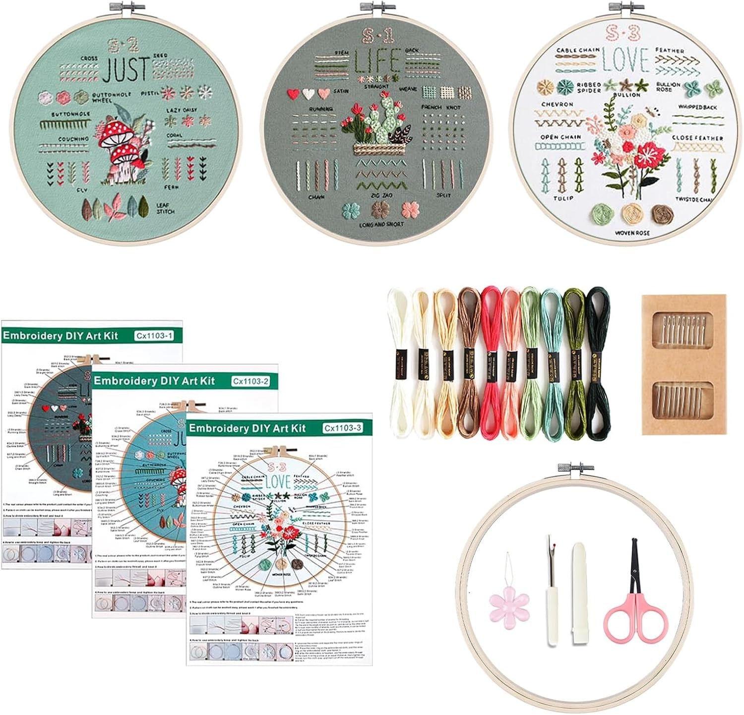 Embroidery Starter Kit, 3 Sets, 30 x 30 cm