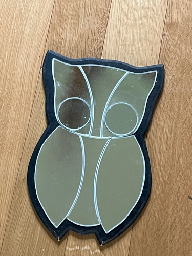 Vintage Super Cute Chippy MCM Owl Mirror on Black Painted Wood Plaque Wall Hangi - Picture 4 of 8