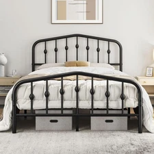 Full Metal Bed Frame with Victorian Wrought Iron-Art Headboard/Footboard/Black