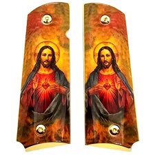 1911 Full Size Metal Grips Ambi Cut – Sacred Heart of Jesus Religious Gold Plate