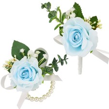 2 PCS Blue Corsage And Boutonniere Set Wristlet Prom Wedding Flowers Light