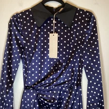 Keepsake the Label Foolish LS Midi Dress XS Navy W Porcelain Polka Dots NWT