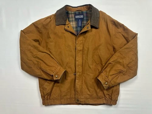 Vintage Lands End Canvas Chore Barn Jacket Large Flannel Lined Leather Collar - product listing photo