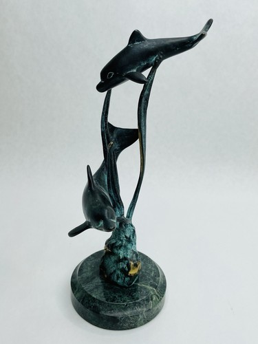 SPI Gallery Metal Brass Two Dolphins Sculpture Marble Base Seagrass Ocean Decor - Picture 5 of 17