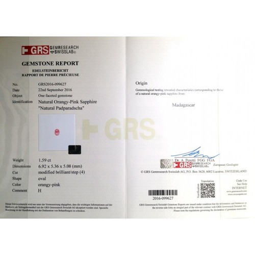Padparadscha Natural Sapphire Lose Gemstone 1.59 cts Oval Shape with GRS Report - Picture 3 of 8