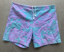 Vintage Tiki Trunks Blue  Purple Cotton Tropical Plant Floral Swim Shorts Sz M