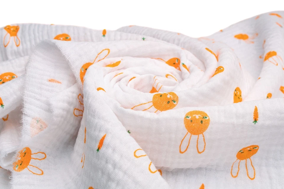 Хлопковый муслин с принтом, двойная марлевая ткань, кролики с морковью 50 x 130 см - Изображение 2 из 4