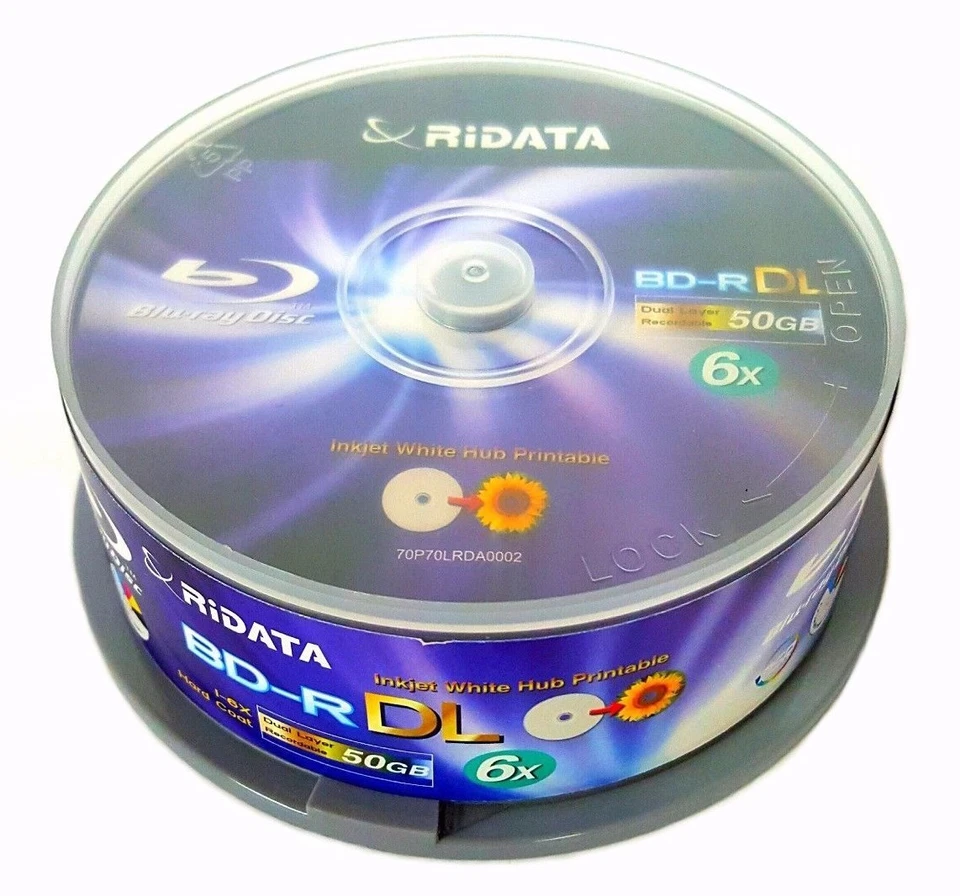 25 Pack Ridata Blu-ray BD-R DL Dual Layer 6X 50GB White Inkjet Printable Disc - Image 2 of 4
