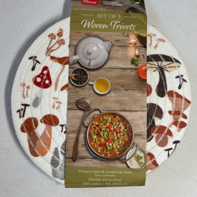 KITCHEN DISCOVERY 8 IN WOVEN TRIVETS (3) MUSHROOMS GRAY CREAM  ROUND NWT