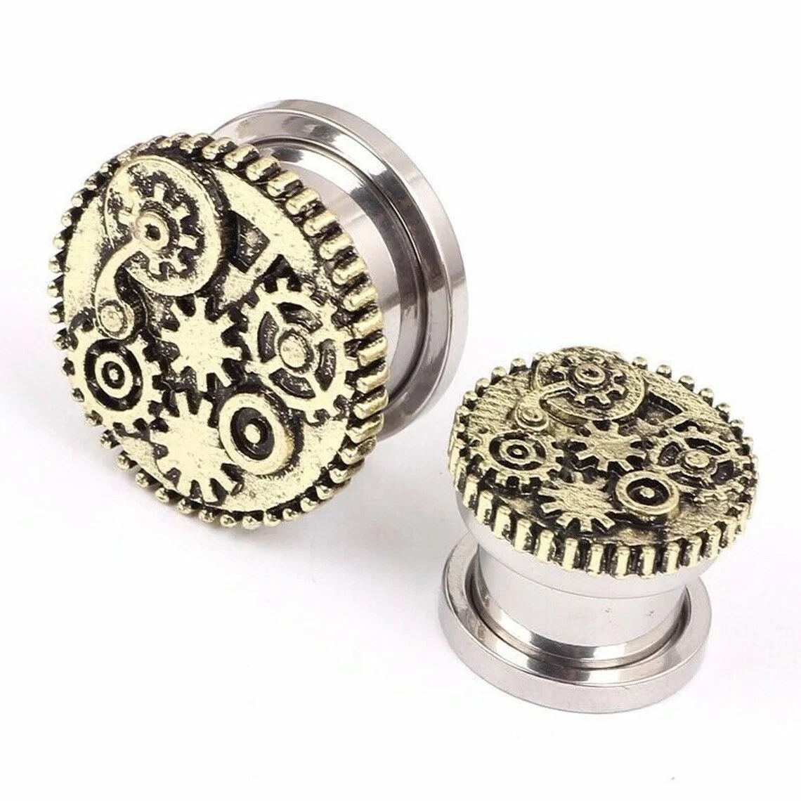 1 Pair of Steampunk Stainless Surgical Steel GEAR COG Screw Fix