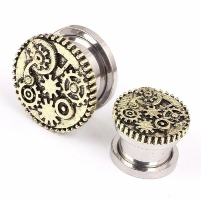 Steampunk Gear Screw-Fit Earring Tunnel/Plug - 8mm To 24mm Sizes, 316L Surgical Steel, Black, For Stretched Ears