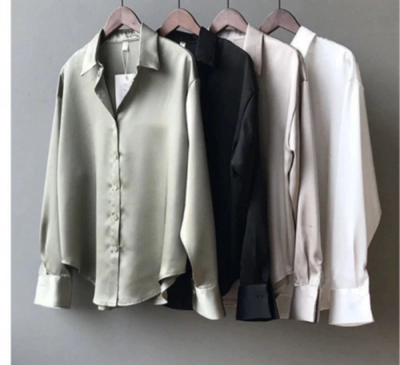 Mujeres Otoño Moda Camisa Abotonada Satén Seda Blusa Vintage Blanca Manga Larga Foto 3 de 4