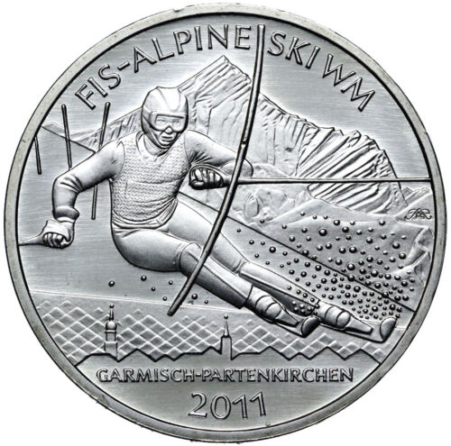 Germany FRG 10 Euro 2010 FIS ALPINE SKI WORLD 2011 silver 925 stamp gloss UNC - Picture 1 of 2
