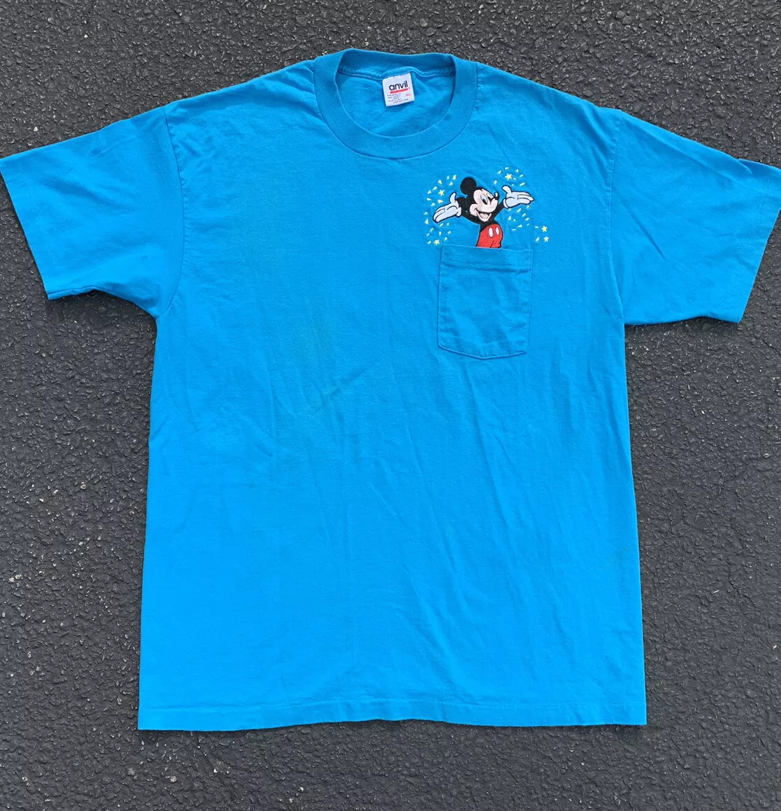 Vintage Disney Mickey Mouse Embroidered Pocket Tee Single Stitch T Shirt Size XL