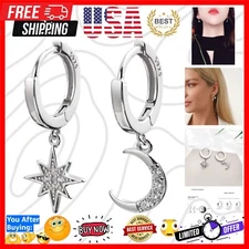 Hypoallergenic Sterling Silver Star and Crescent Moon Hoop Earrings for Women