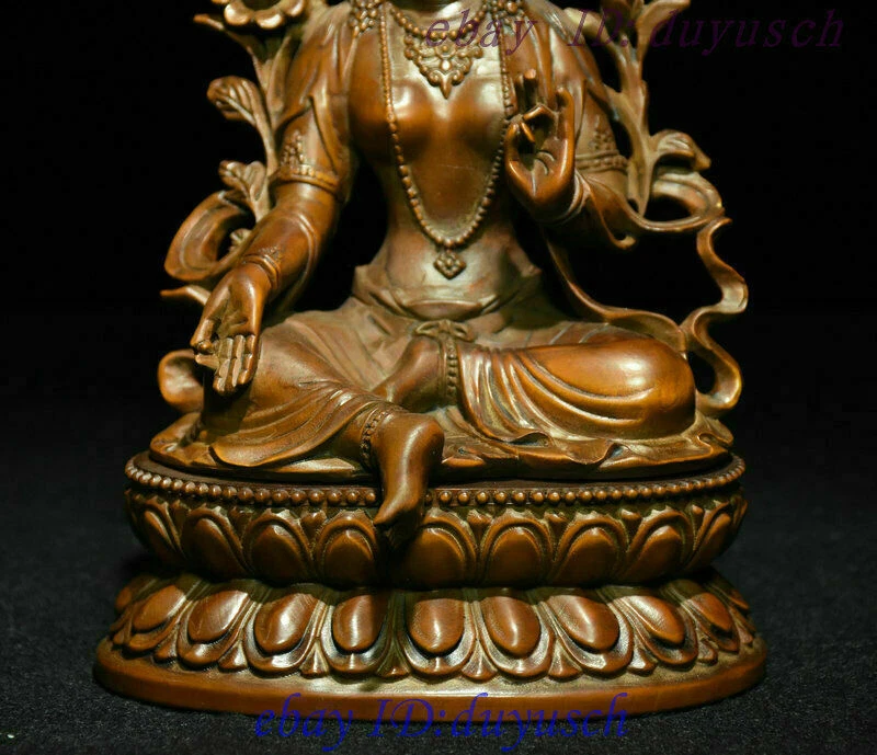Antiguo Tíbet Budismo Madera de Boj Tallada Verde Tara Diosa GuanYin Buda Estatua Foto 4 de 4