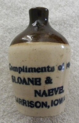 Vintage Sloane & Naeve, Garrison, Iowa IA, Advertising Stoneware Mini Jug, NICE