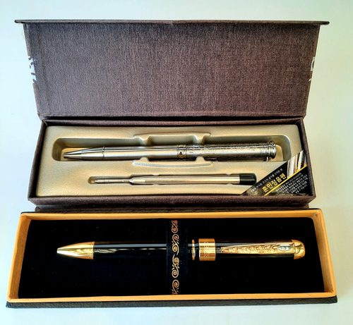 Vintage Ballpoint Pens Silver Gold Color Set of Two Original Box B5 - Picture 2 of 14