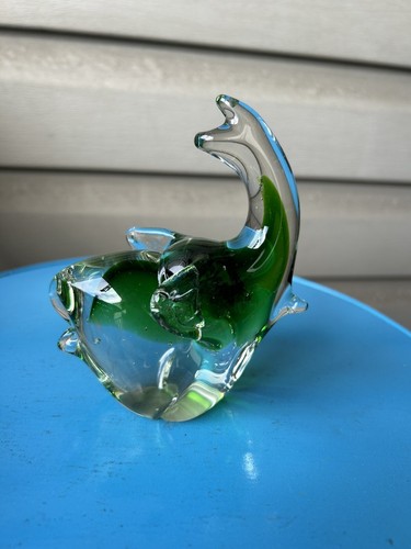 Vintage Green Elephant Lucky Trunk Up Art Glass Paperweight Figurine 4"