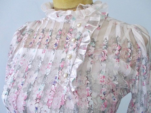 Vtg 70s 80s White Sheer Chiffon Pink Floral Dress Ruffle Neck Slip Lining Belt 8 - Picture 4 of 14