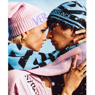 NEW $495 VERSACE Light Pink & Lavender 100% Wool Knit POM