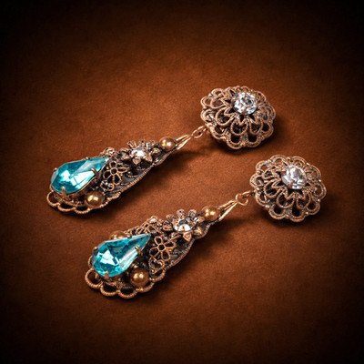 Vintage Clip On Earrings Gablonz Turquoise Glass Rhinestone Filigree