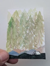 ACEO Original Art Card Drawing Mixed Media Forest Campground Signed by artist 