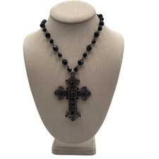 Gothic Silver Tone Cross Necklace With Black Acrylic Beaded Chain Ornate Filigre