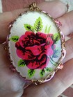 VINTAGE WEST GERMANY PINK RHINESTONE ENAMEL FAUX PEARL ROSE  FLORAL NECKLACE SET — photo 9